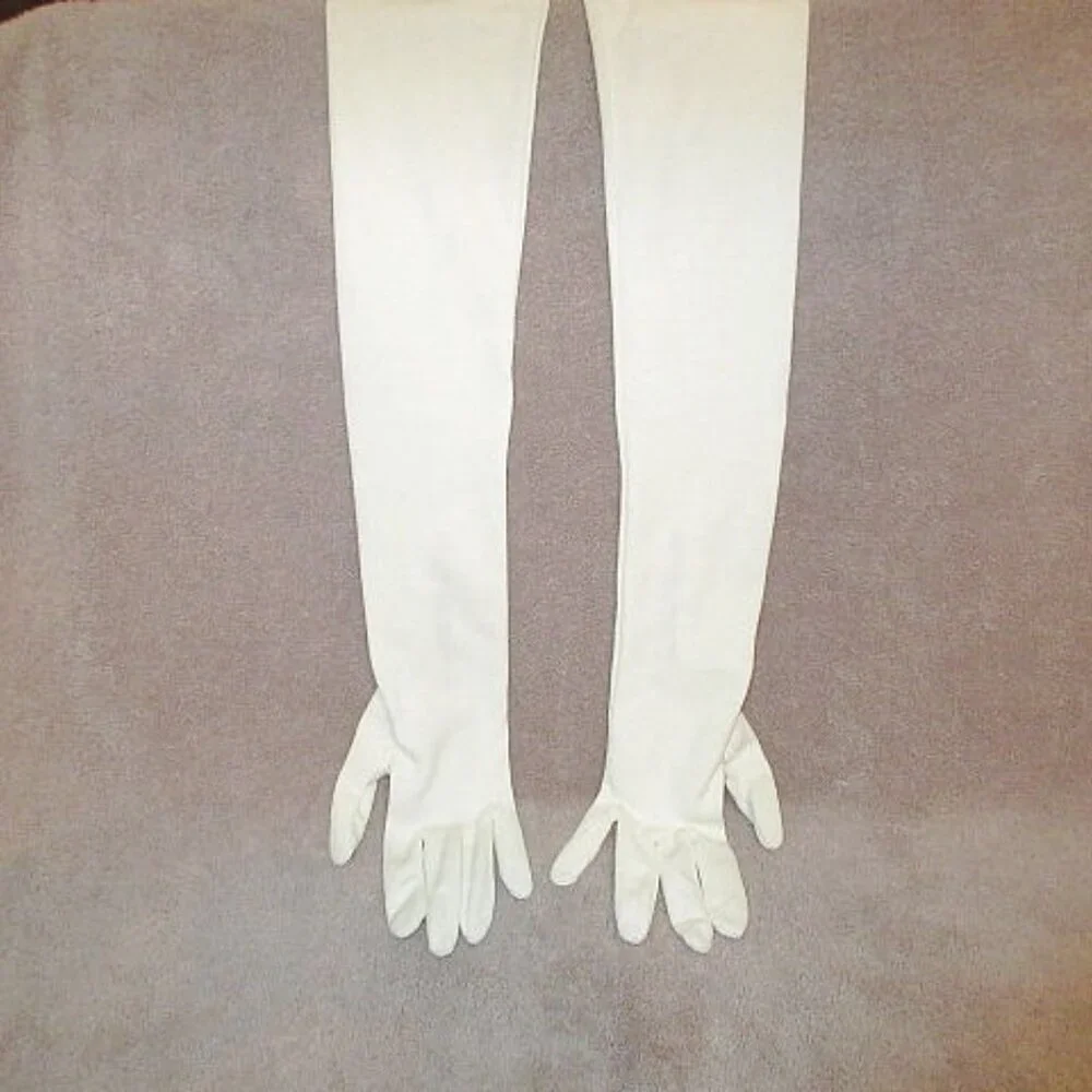 Vtg Long Satin Opera Gloves OS Formal Elegant Evening Wear Hollywood Regency 70s